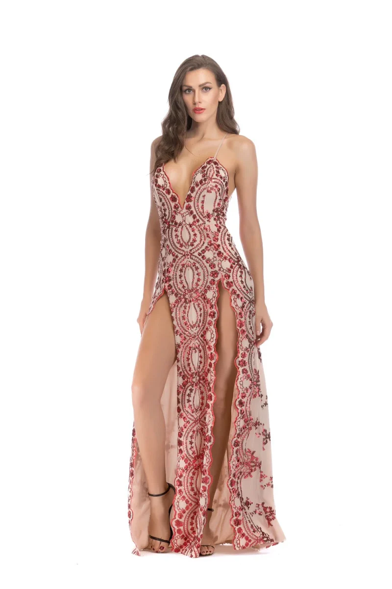 Sexy Red White Sequin Summer Maxi Dress