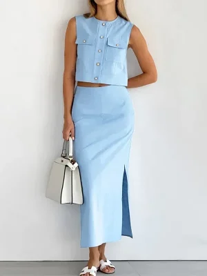 Summer Light Blue Vest & Split Skirt Outfit