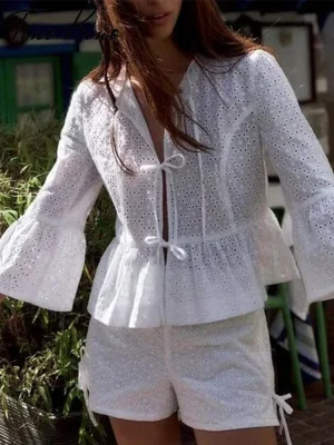 White Bow Lace-Up Flare Sleeve Suit