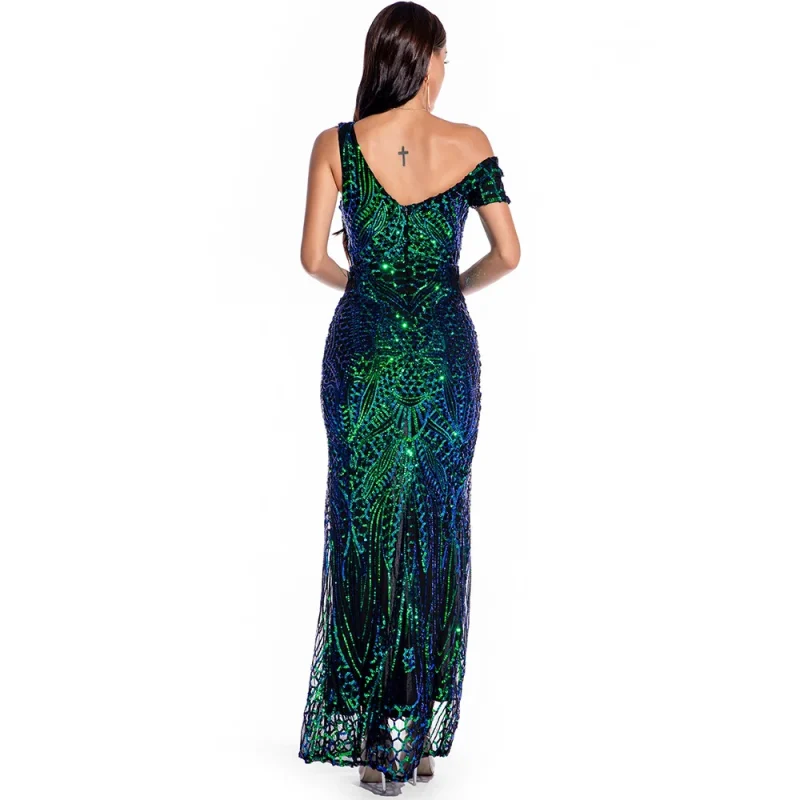 Elegant Off-Shoulder Green Sequin Dress - Image 5