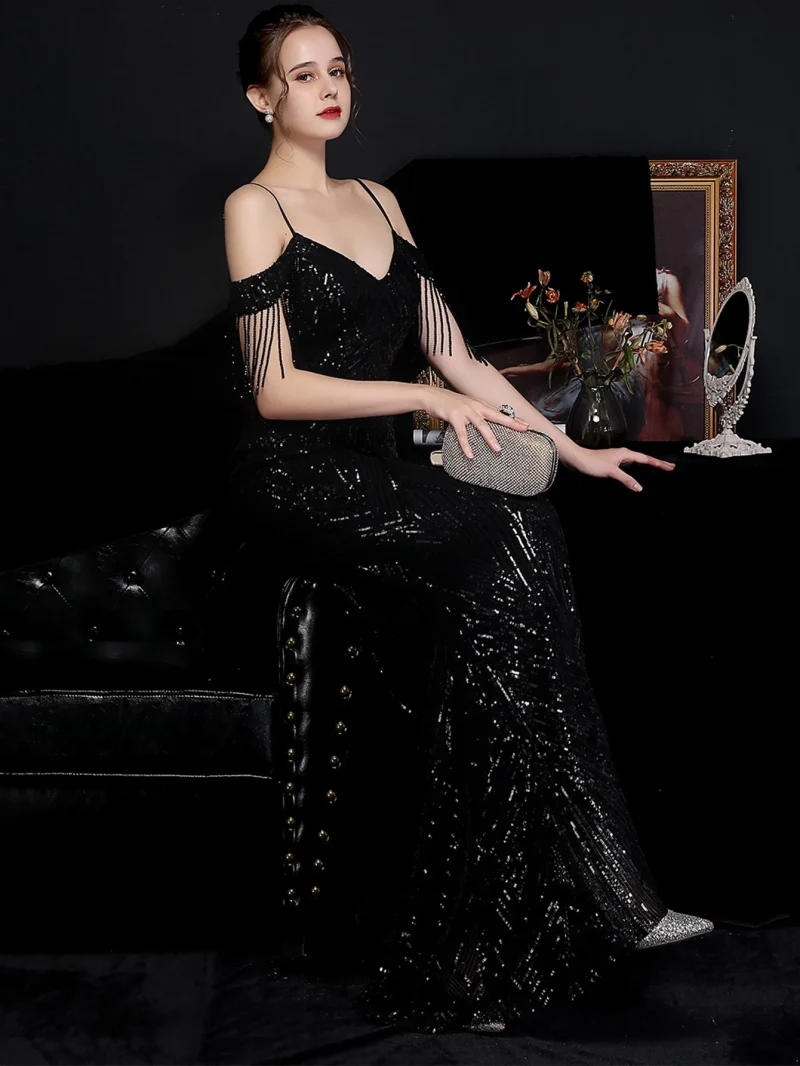 Women's Black Sequin Maxi Dress Backless - Image 18