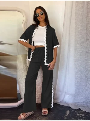 Wave Cut Turn-Down Collar Pantsuit