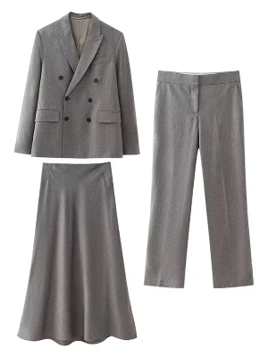 Double-Breasted Women’s Coat & High Waist Skirt Suit