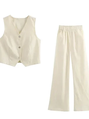 Casual Loose Vest & Pant Set Women White Crop