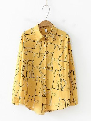 Retro Cat Pattern Loose Blouse for Women – Long Sleeves