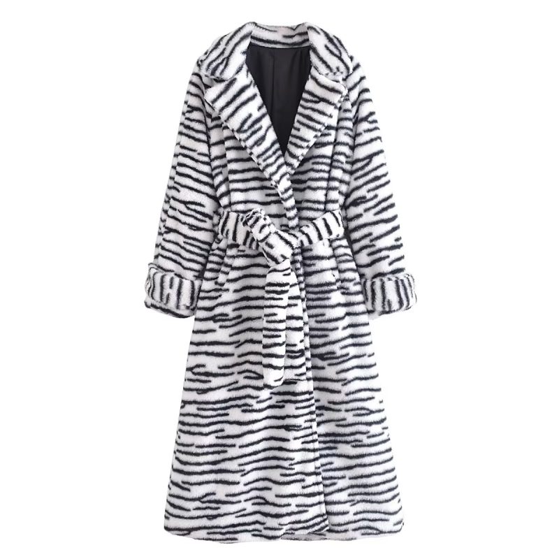 Elegant Faux Rabbit Fur Striped Long Coat - Image 2