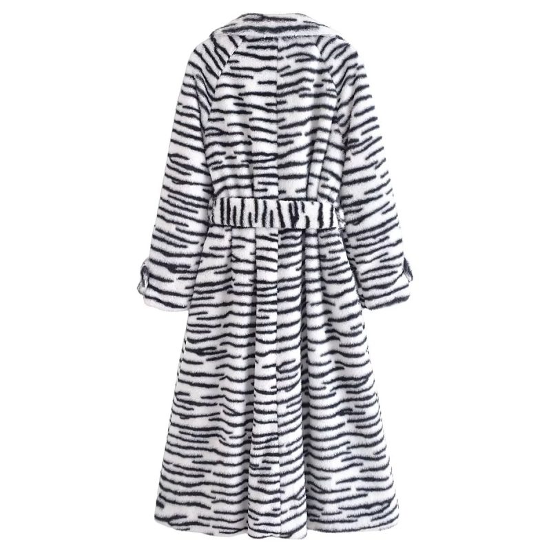 Elegant Faux Rabbit Fur Striped Long Coat - Image 3