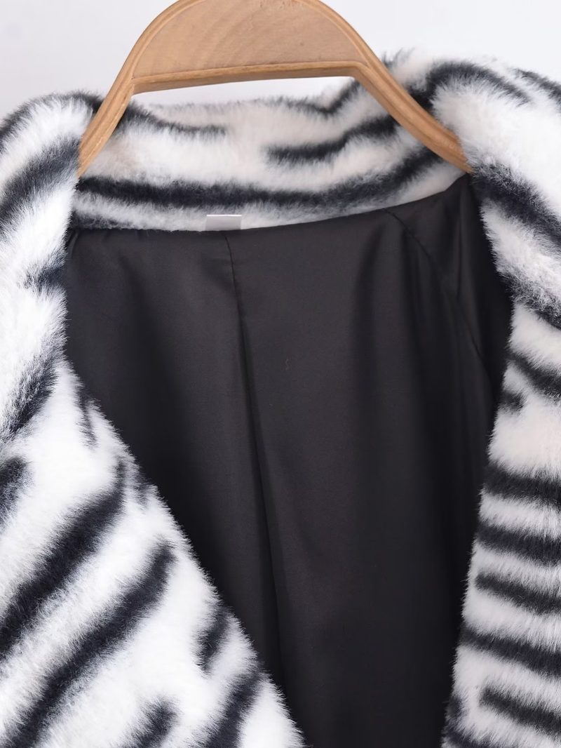 Elegant Faux Rabbit Fur Striped Long Coat - Image 4