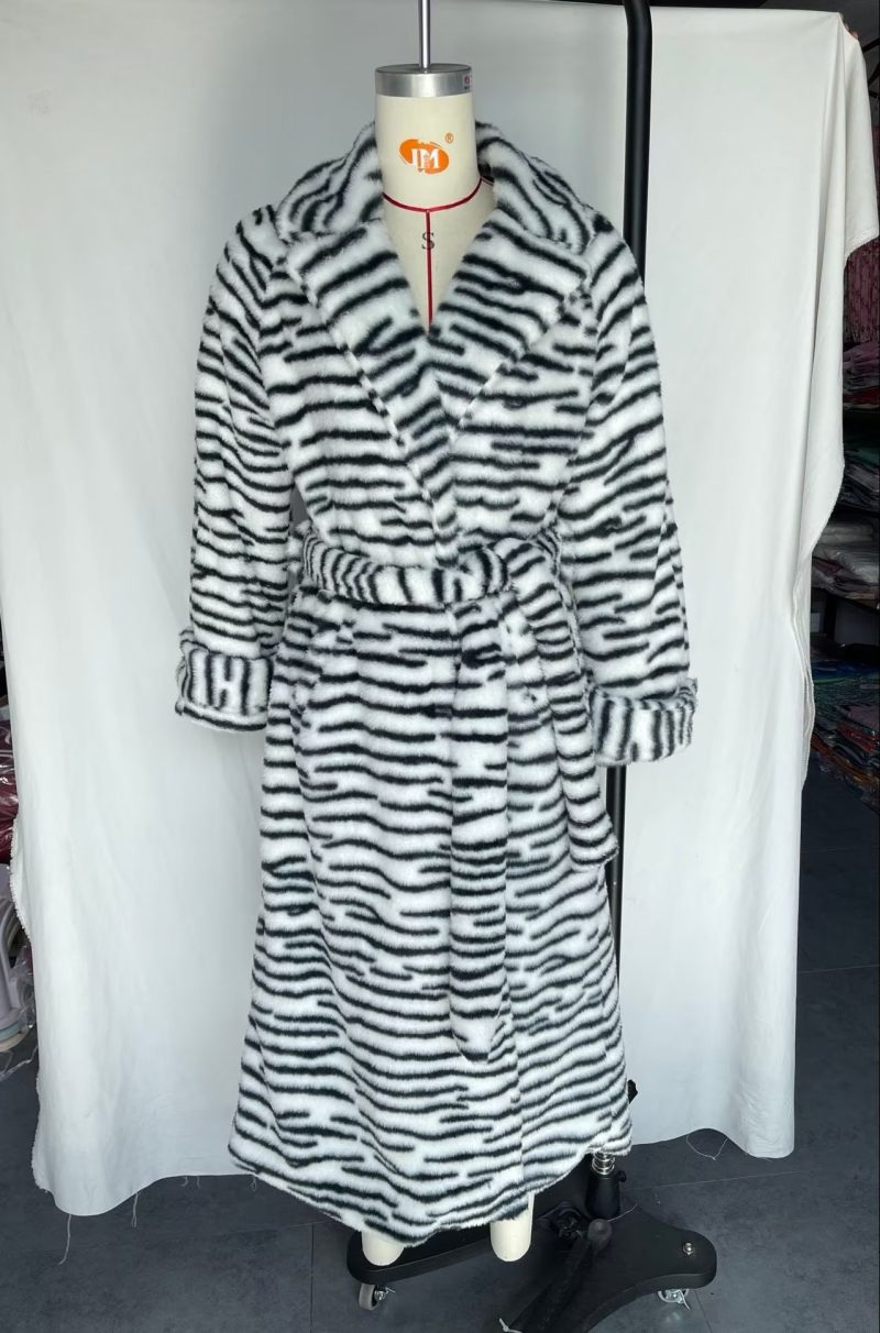 Elegant Faux Rabbit Fur Striped Long Coat - Image 5