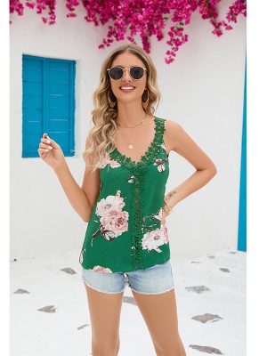 Summer New Fashion Lace Printed Chiffon Short Sleeve Top