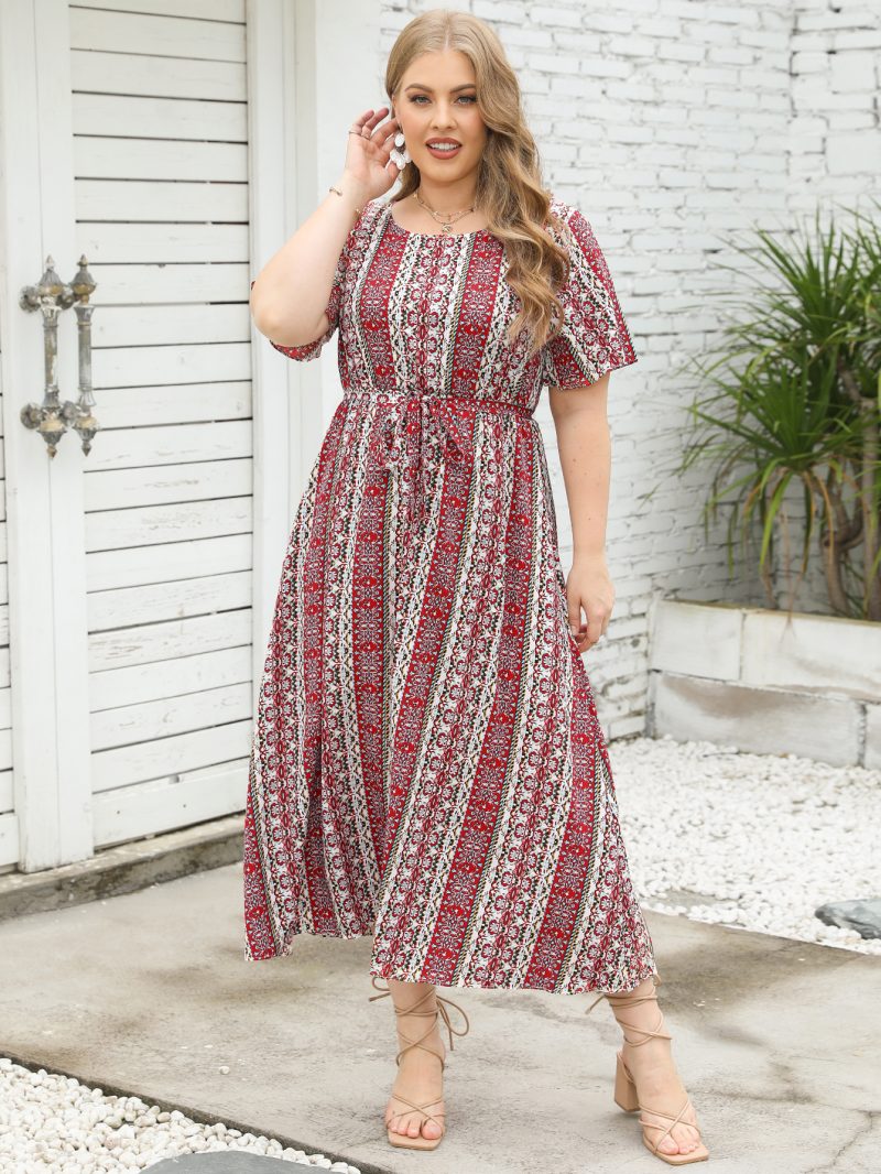 Large Size Summer Ethnic Stripe Dress - Round Neck, Short Sleeve