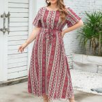 Large Size Summer Ethnic Stripe Dress - Round Neck, Short Sleeve - Image 2