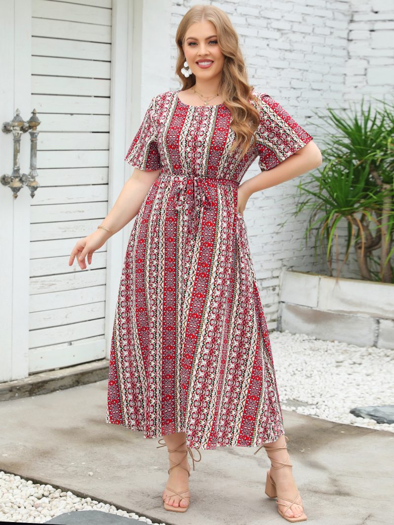 Large Size Summer Ethnic Stripe Dress - Round Neck, Short Sleeve - Image 2