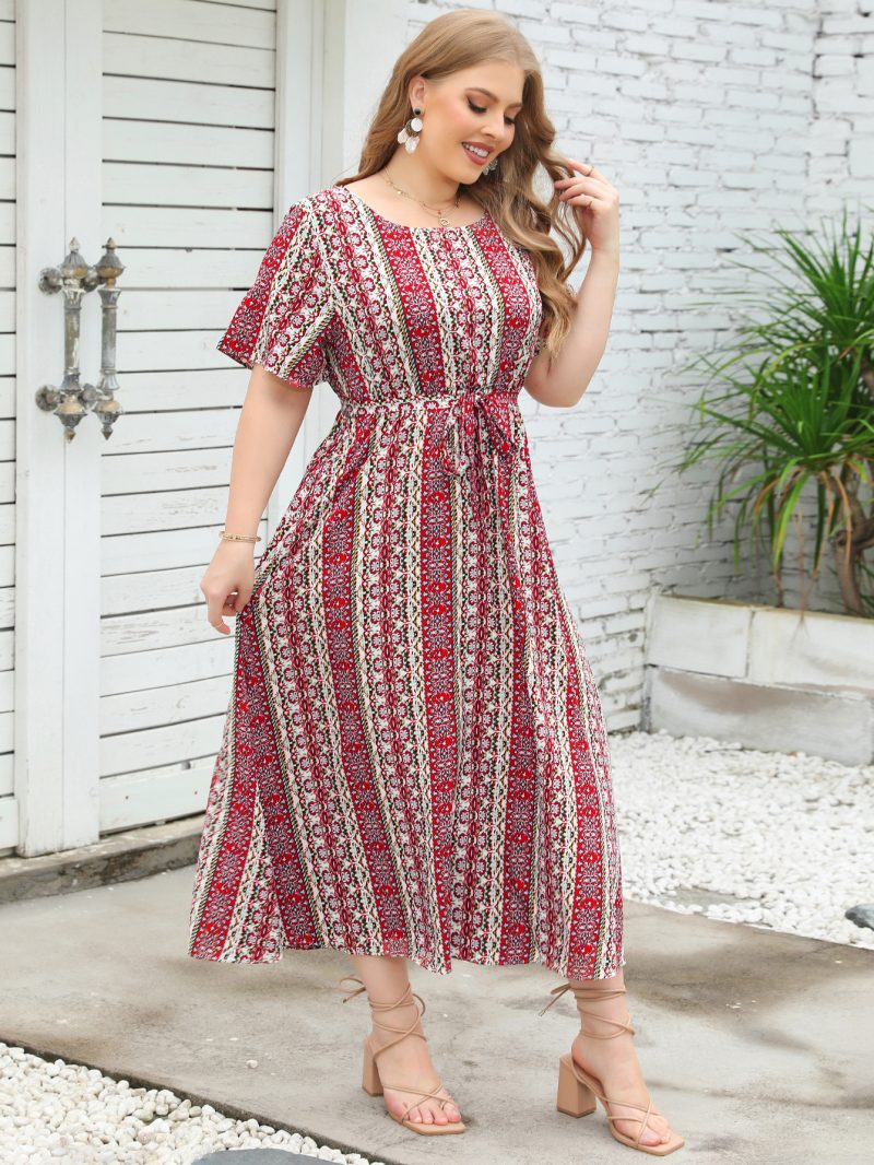 Large Size Summer Ethnic Stripe Dress - Round Neck, Short Sleeve - Image 6