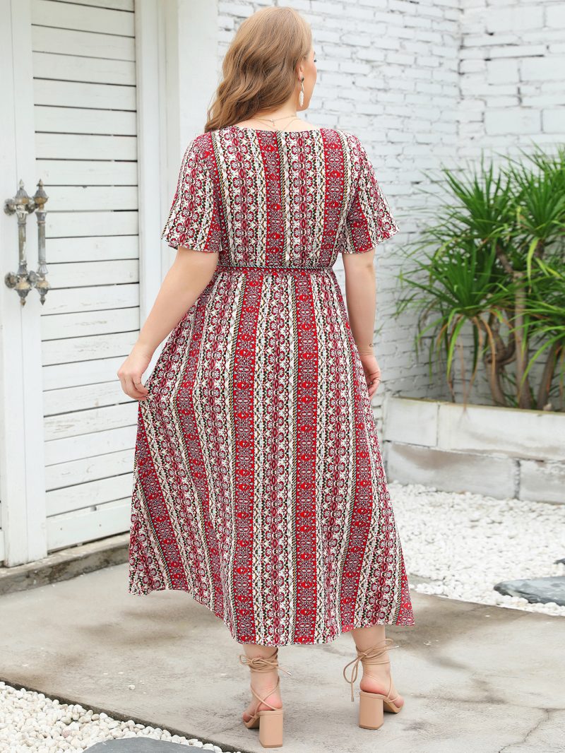 Large Size Summer Ethnic Stripe Dress - Round Neck, Short Sleeve - Image 7