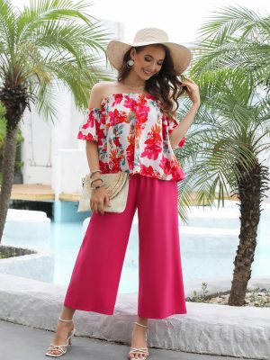 Women Summer New Fashion Strapless Wide Leg Pants Set