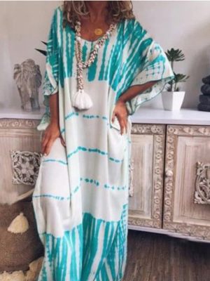 Summer Loose Print Maxi Dress – Women’s Round Neck