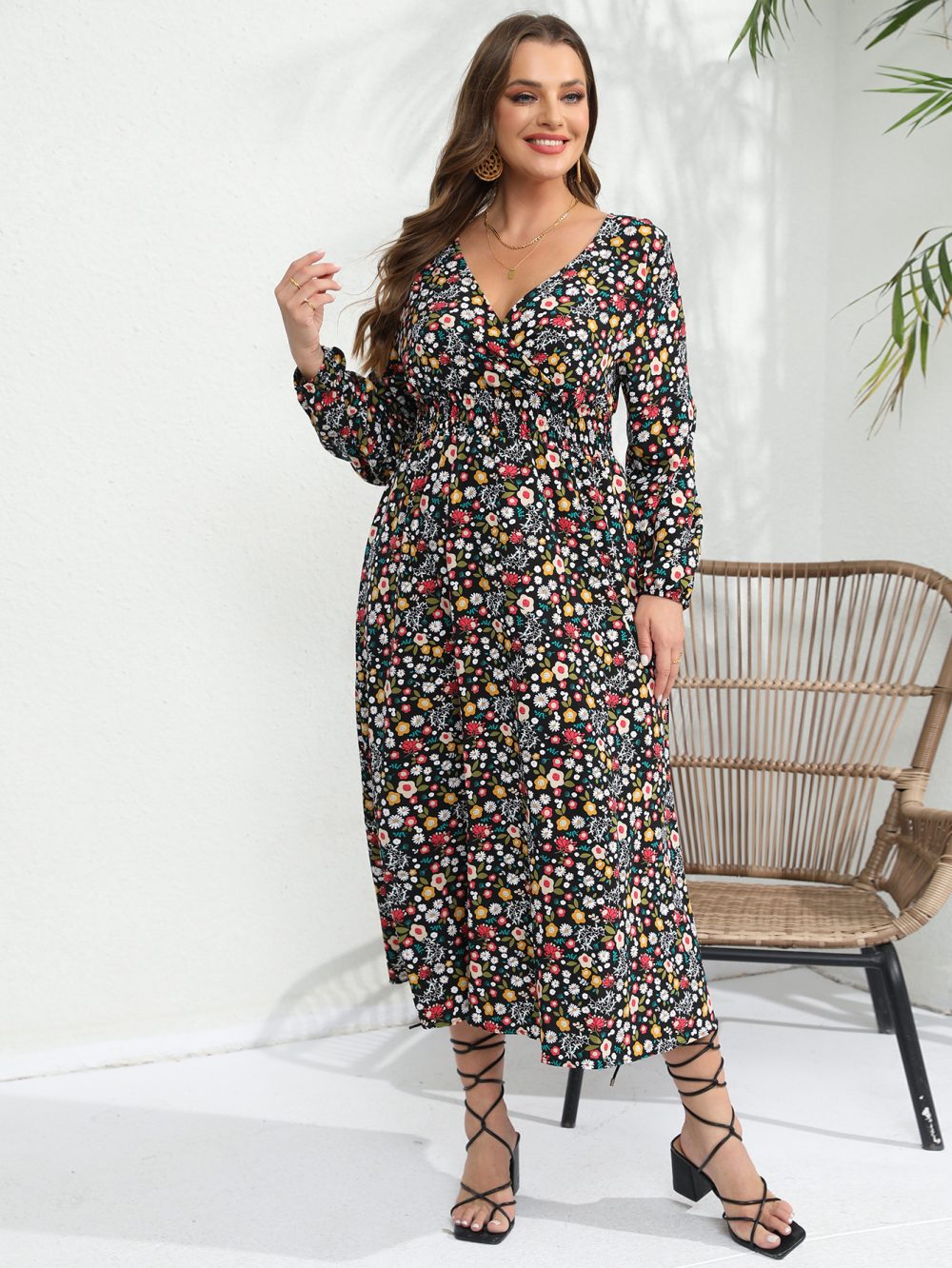 Women’s V-Neck Long Sleeve Floral Dress - Image 4