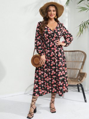 Women’s Rose Print Long Sleeve Dress