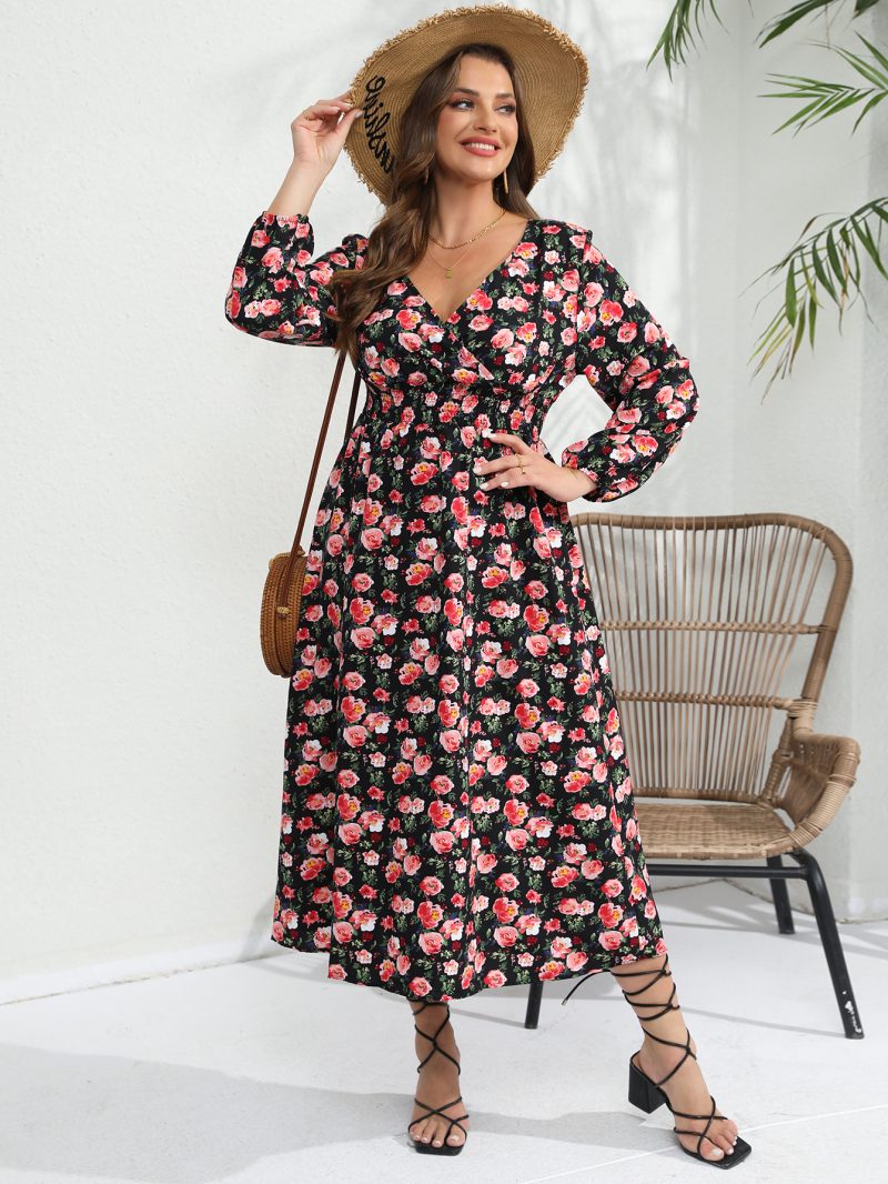 Women’s Rose Print Long Sleeve Dress - Image 2