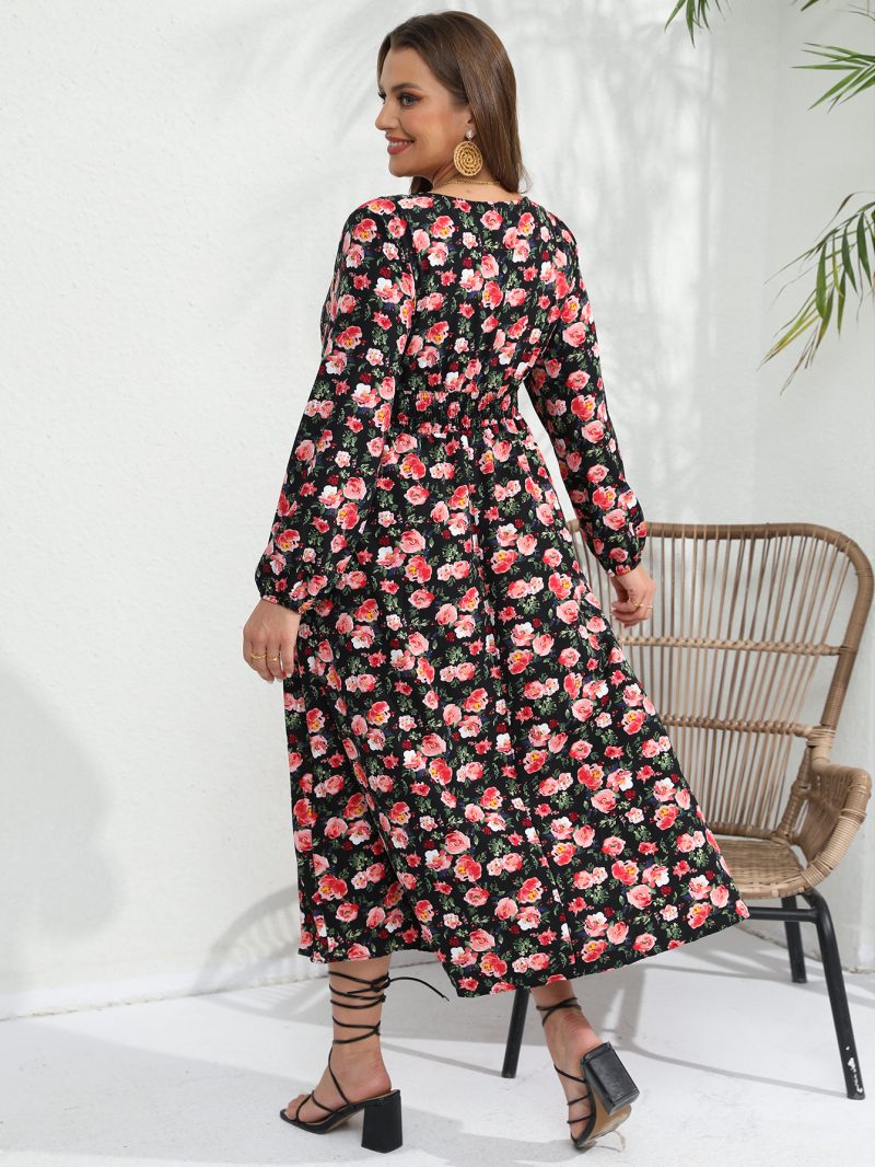 Women’s Rose Print Long Sleeve Dress - Image 4