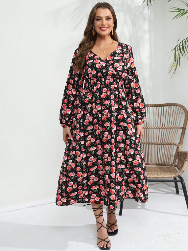 Women’s Rose Print Long Sleeve Dress - Image 5