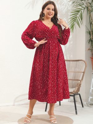 Plus Size V-Neck Pulled Long Sleeve Dress