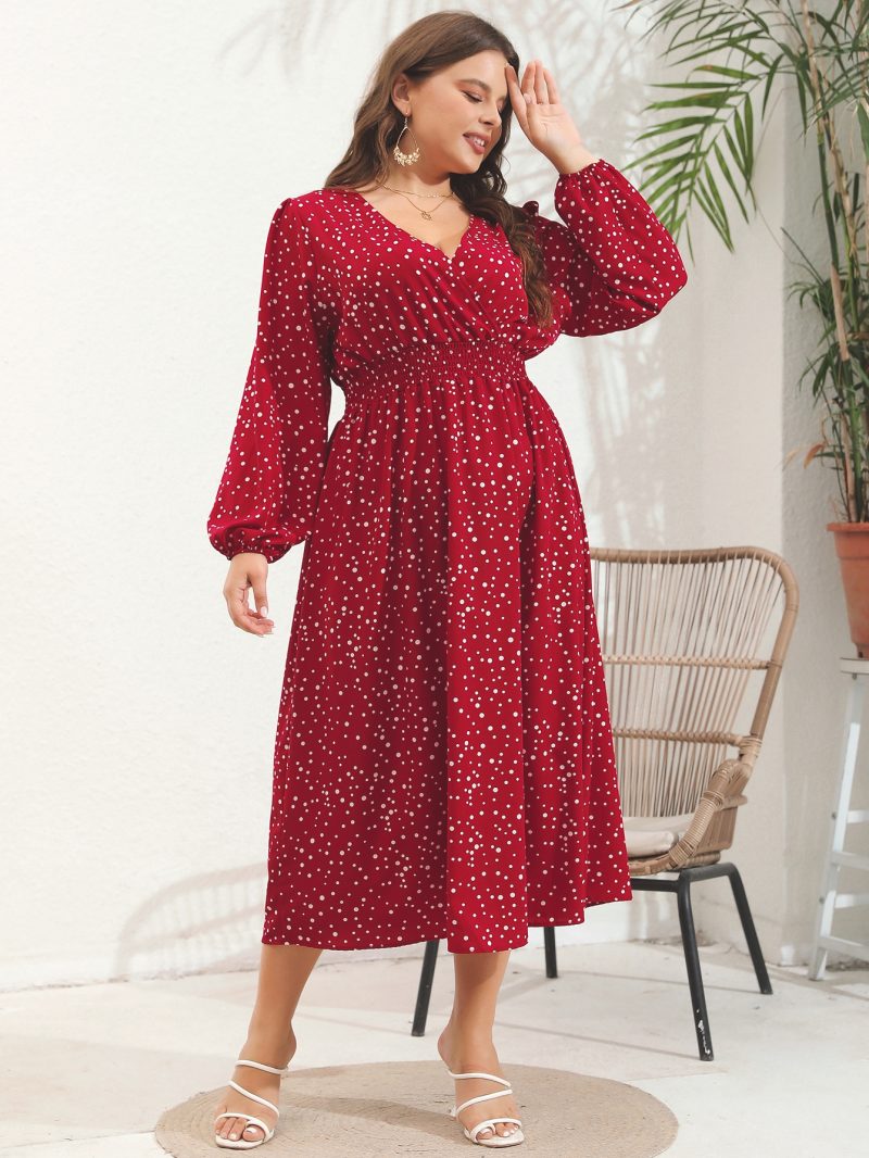 Plus Size V-Neck Pulled Long Sleeve Dress - Image 2