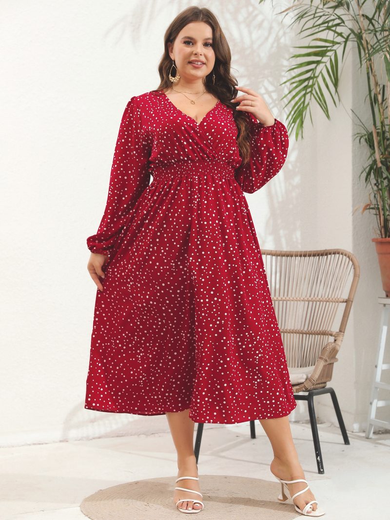 Plus Size V-Neck Pulled Long Sleeve Dress - Image 3
