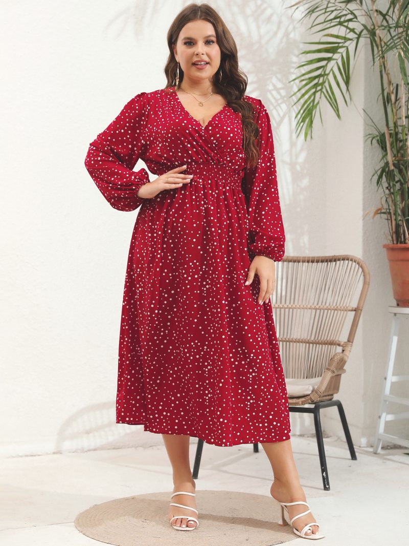 Plus Size V-Neck Pulled Long Sleeve Dress - Image 4
