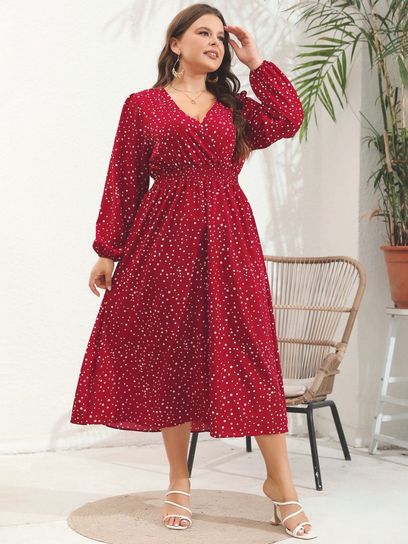 Plus Size V-Neck Pulled Long Sleeve Dress - Image 5