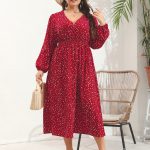 Plus Size V-Neck Pulled Long Sleeve Dress - Image 8