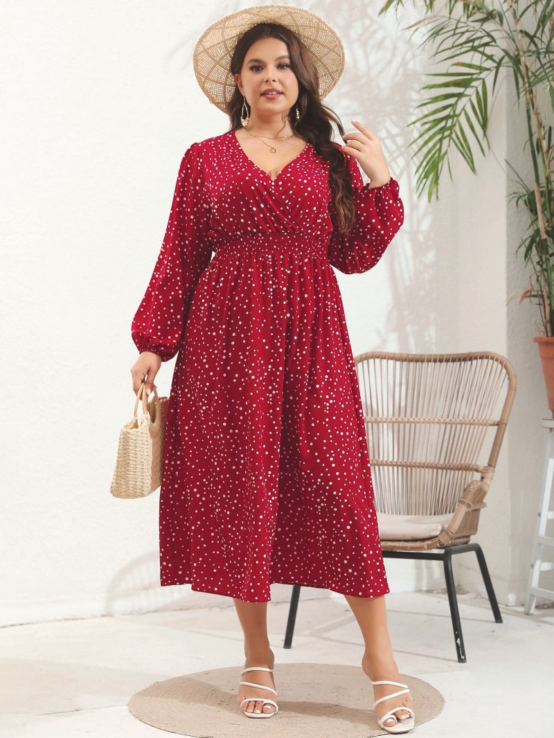 Plus Size V-Neck Pulled Long Sleeve Dress - Image 8