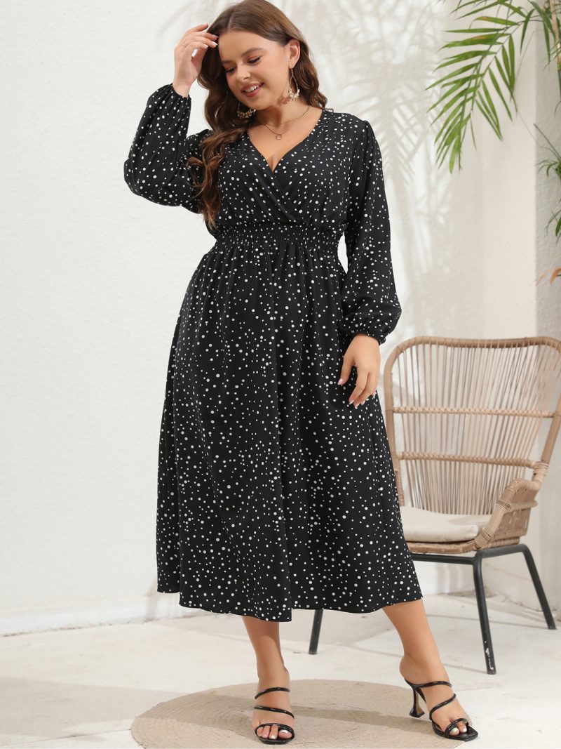 Plus Size V-Neck Pulled Long Sleeve Dress - Image 9