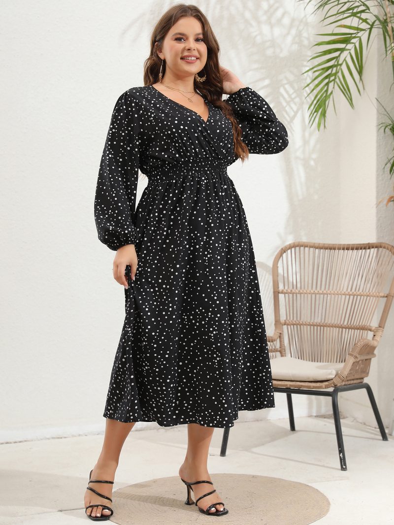 Plus Size V-Neck Pulled Long Sleeve Dress - Image 10