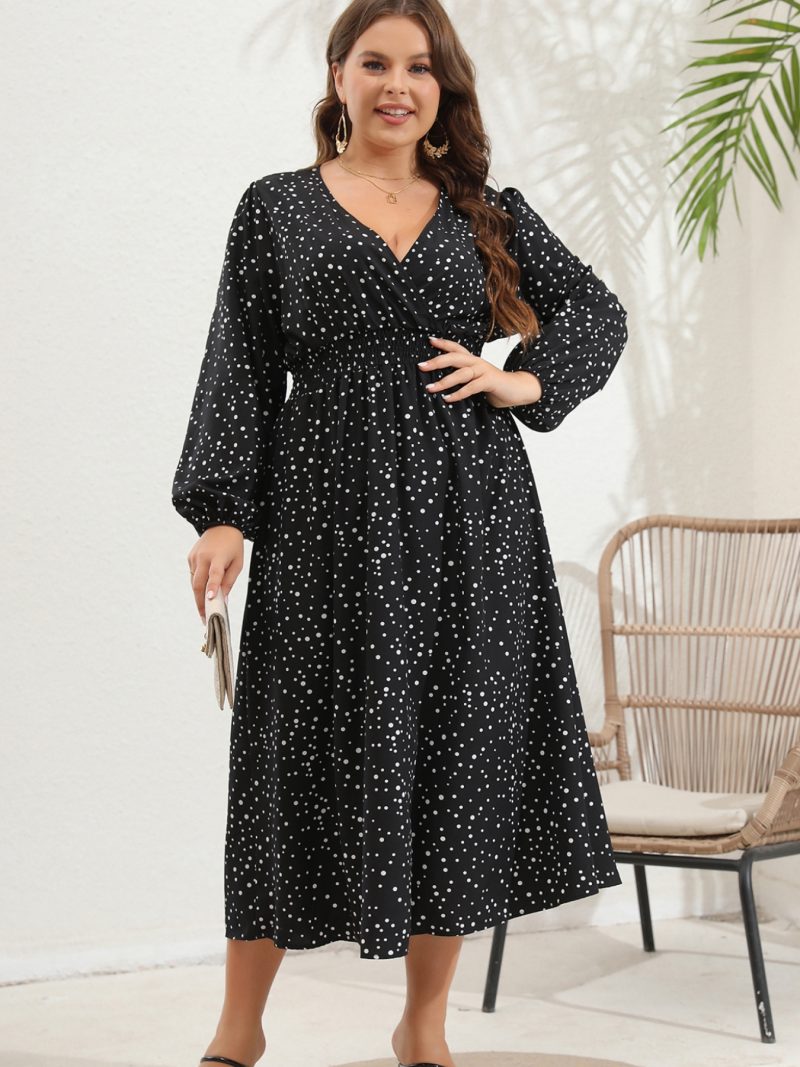 Plus Size V-Neck Pulled Long Sleeve Dress - Image 11