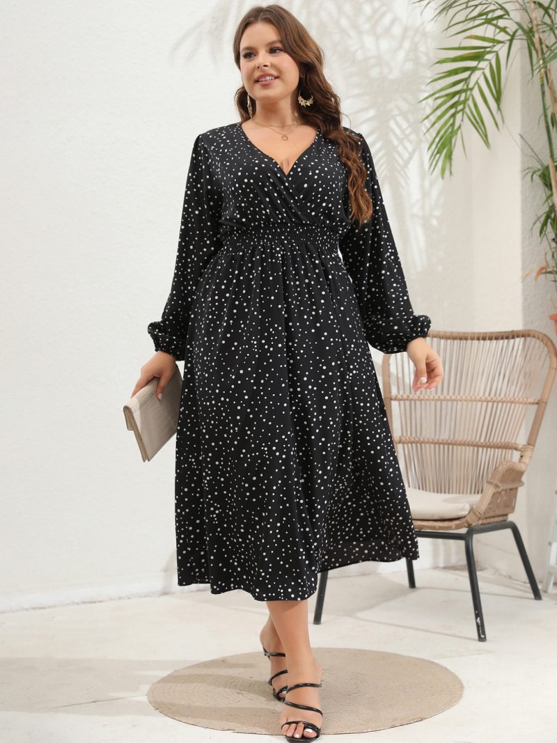 Plus Size V-Neck Pulled Long Sleeve Dress - Image 12