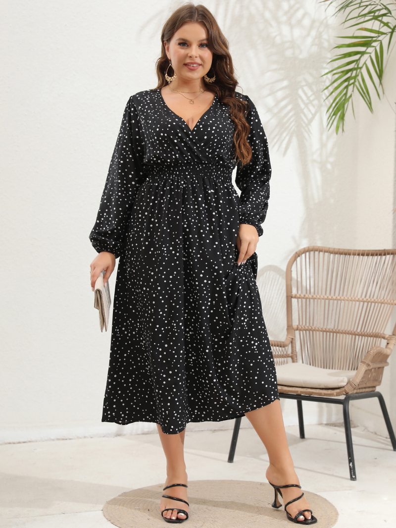 Plus Size V-Neck Pulled Long Sleeve Dress - Image 13