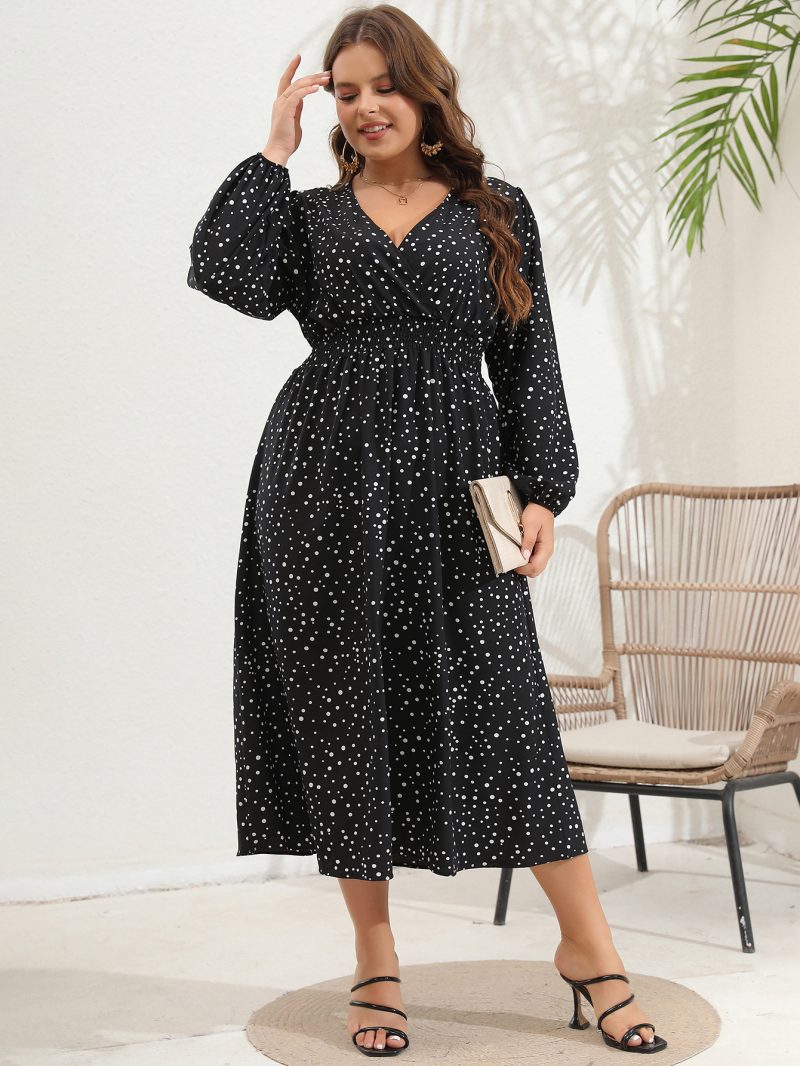 Plus Size V-Neck Pulled Long Sleeve Dress - Image 14