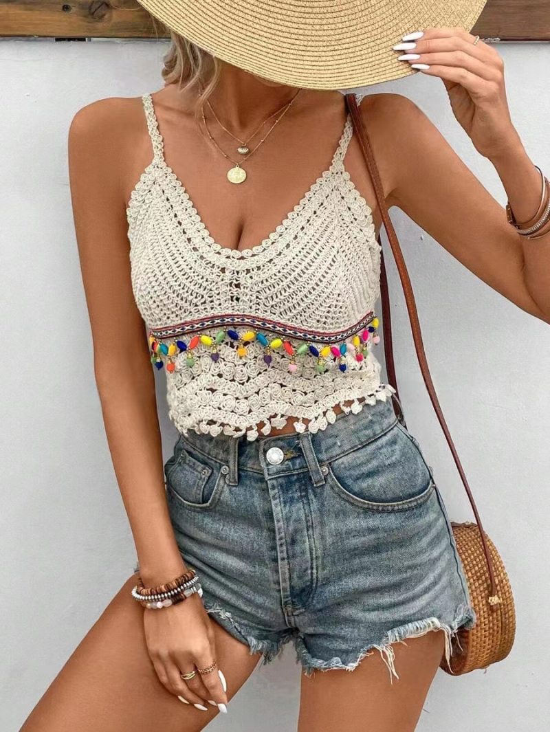 Hand Crocheted Tassel Beaded Suspender Top - Image 4