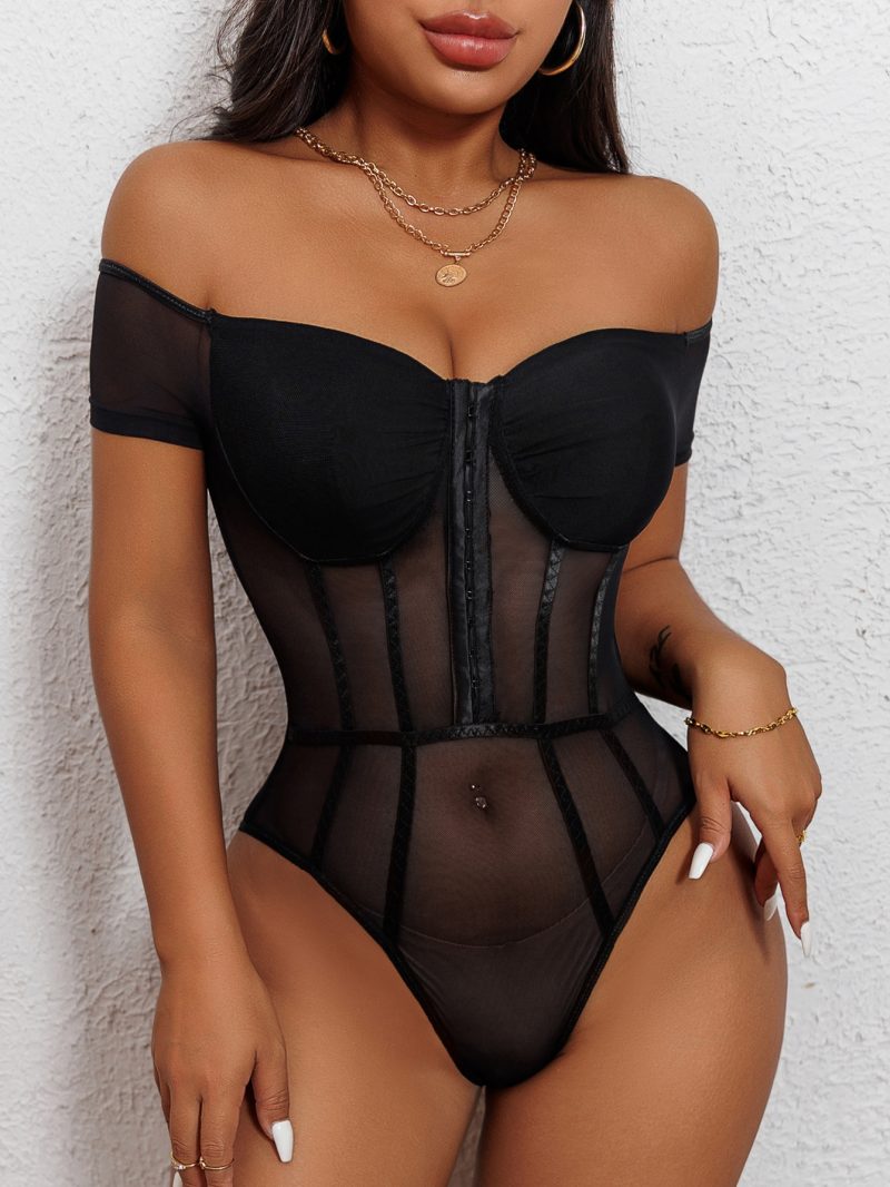 Black Mesh See-Through Off-Shoulder Jumpsuit - Sexy Design