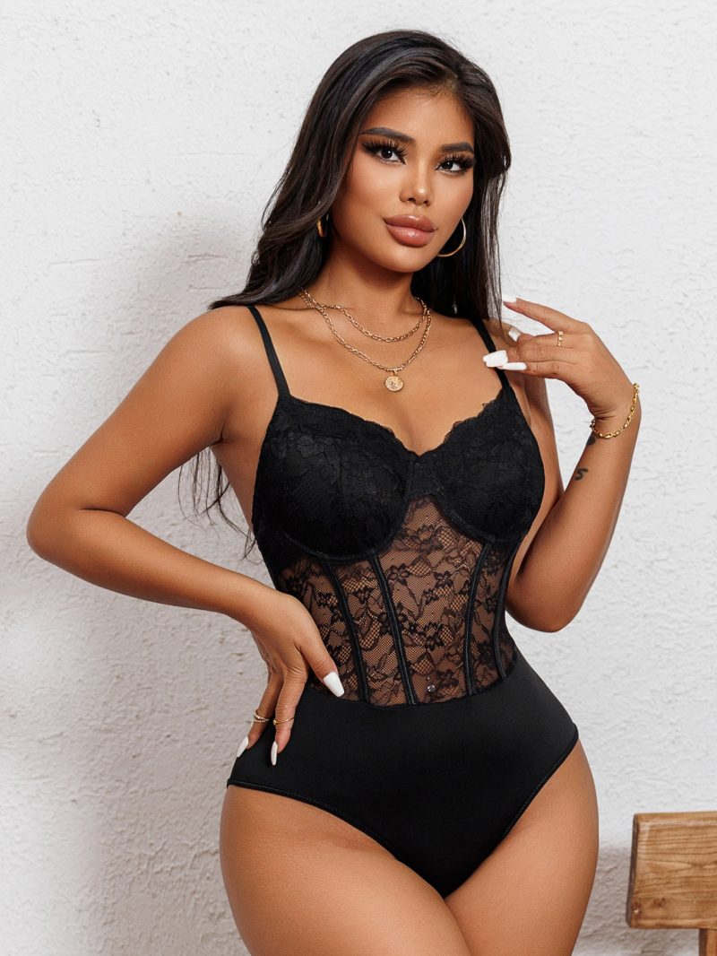 Black Mesh See-Through Backless Jumpsuit - Sexy Stitching Design
