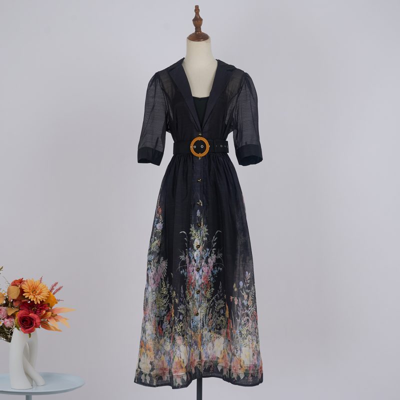 Printed Suit Collar Short Sleeve Dress - Vacation Style