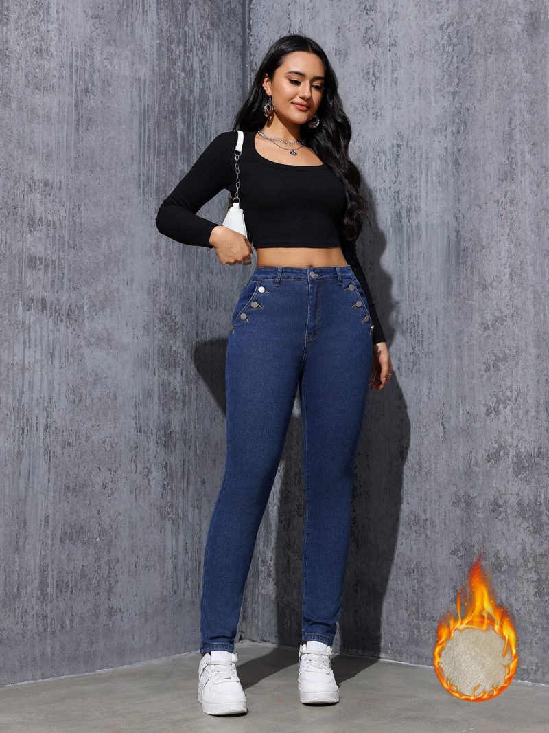 Fleece-Lined Stretch Denim Pencil Pants - Slim & Comfy - Image 2