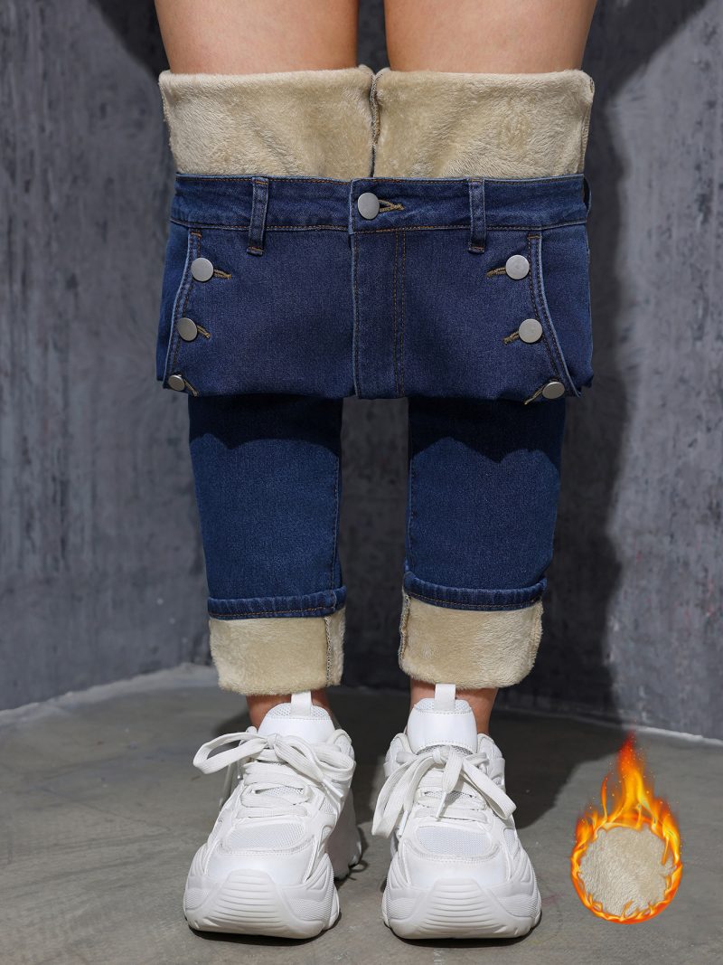 Fleece-Lined Stretch Denim Pencil Pants - Slim & Comfy - Image 3