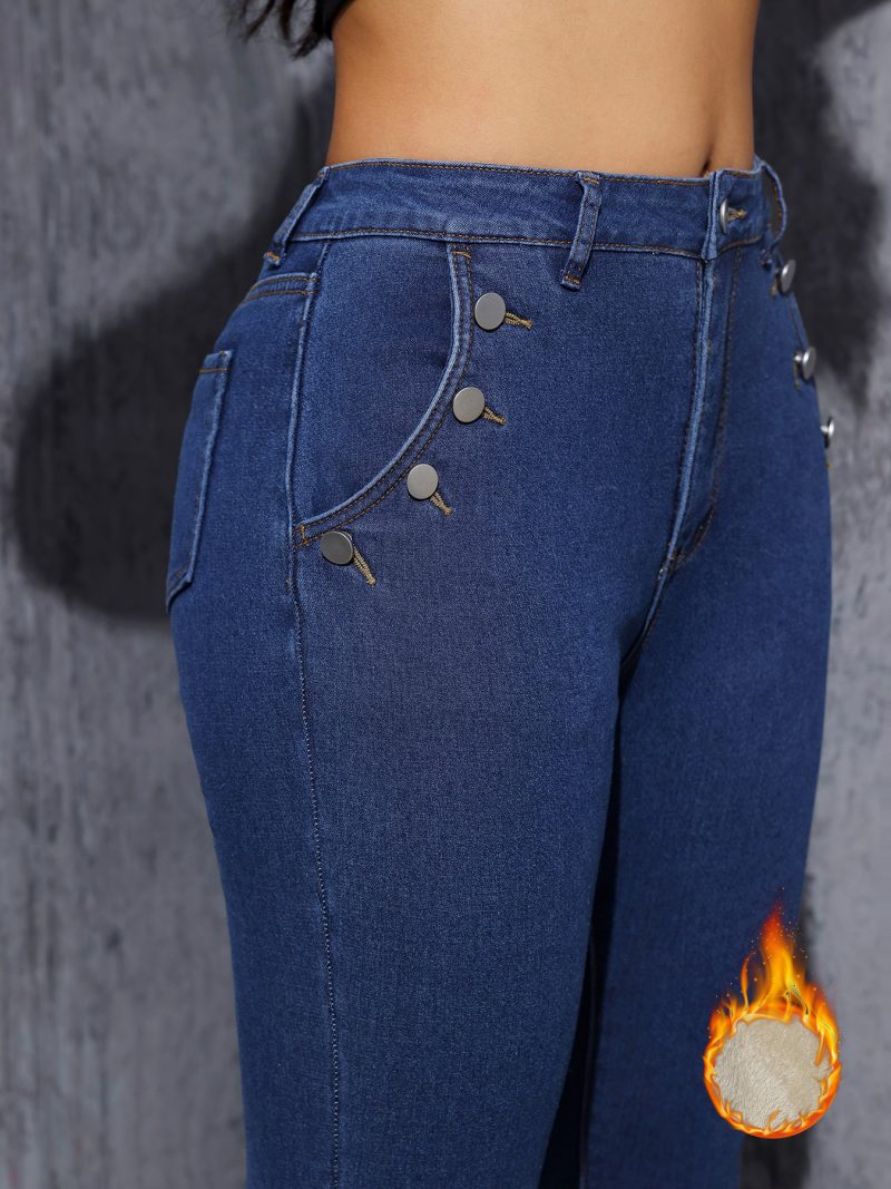 Fleece-Lined Stretch Denim Pencil Pants - Slim & Comfy - Image 4
