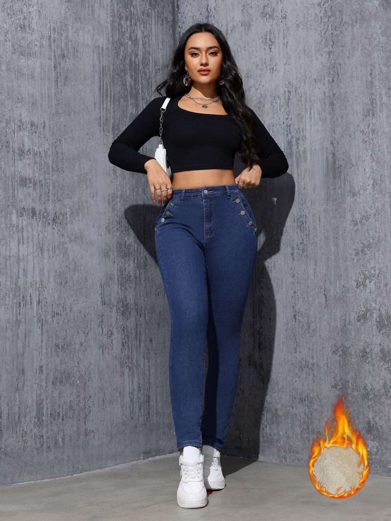 Fleece-Lined Stretch Denim Pencil Pants - Slim & Comfy - Image 7
