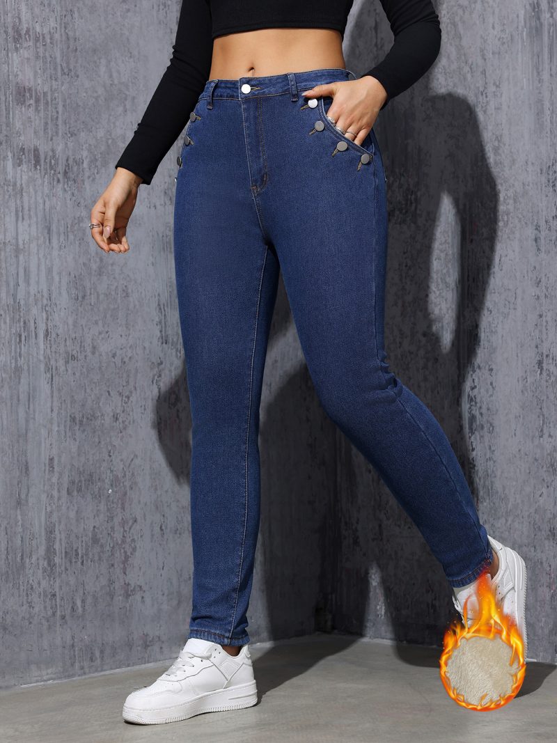 Fleece-Lined Stretch Denim Pencil Pants - Slim & Comfy - Image 8