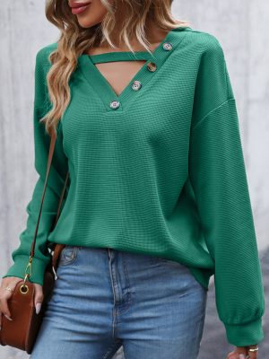 Autumn V-Neck Hollow Out Knitted Top – Long Sleeve