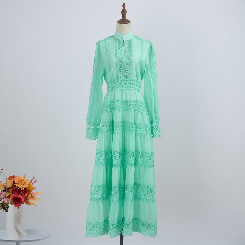 Stitching Lace Long Dress - Hollow Button & Large Swing